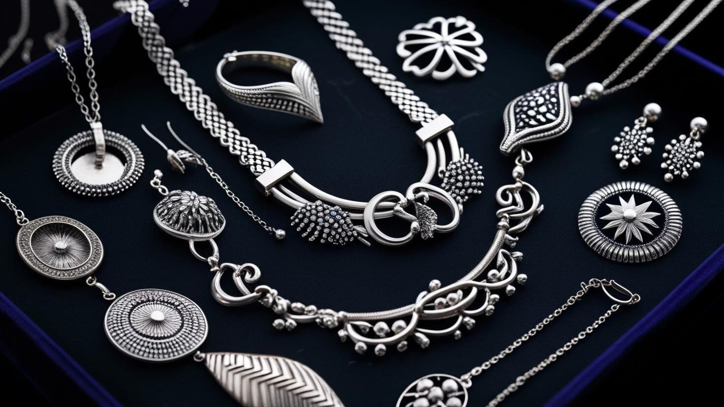 Assorted 925 silver jewelry pieces, including necklaces, earrings, bracelets, and pendants displayed on a dark velvet background